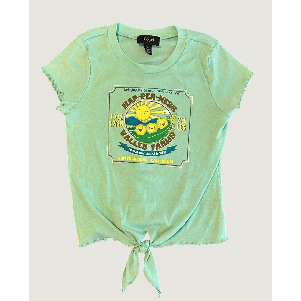 In Girl Mint Hap-Pea-Ness Valley Farms Graphic Tie Front T-Shirt Size L 14 1601
